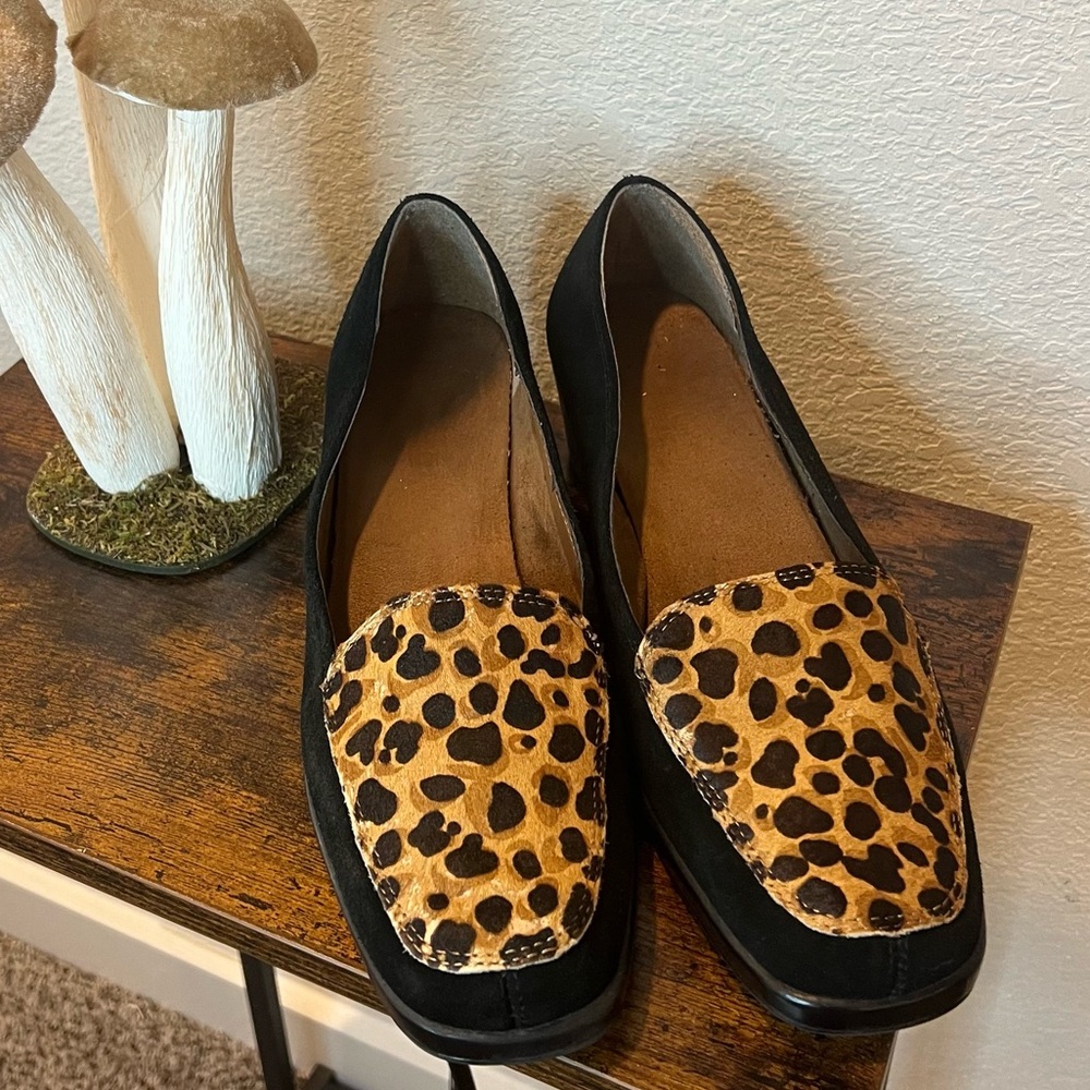 Aerosoles Final Exam Black Brown Leopard Print Leather Wedge Loafers Sz 10.5